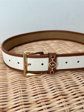 Michael Kors Canvas & Leather Belt Brown White Gold MK Charm NWT Size M